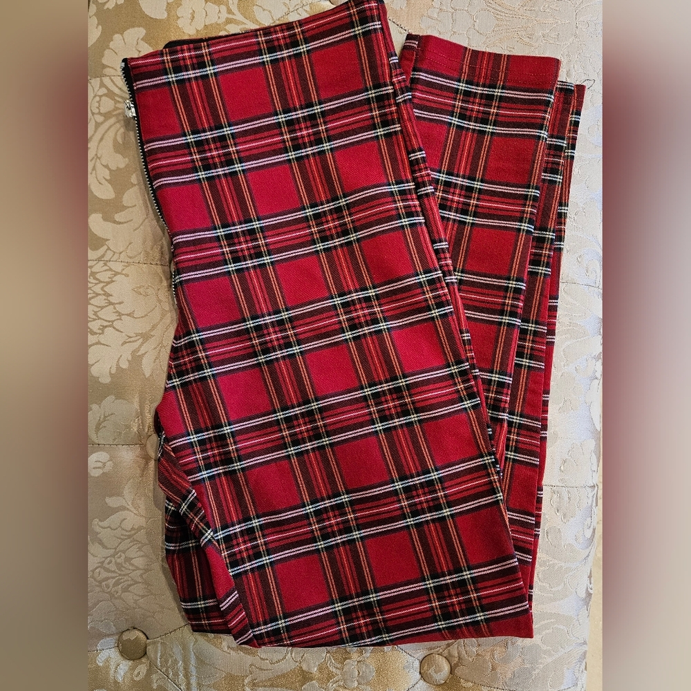 Zara Red Plaid Skinny Legging Pants Sz Large